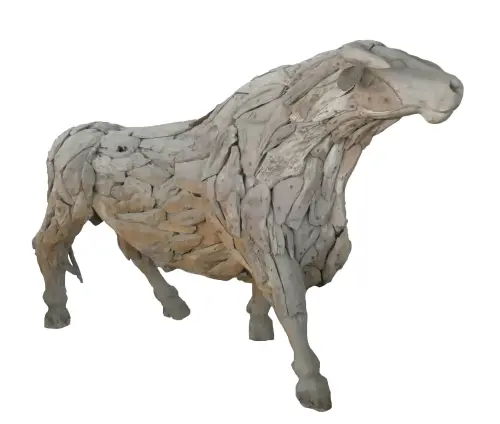 Product image of the product “Standing Bull. Artistic made made from single teak wood pieces. The head is carved wood. The size is 255cm Length. ”